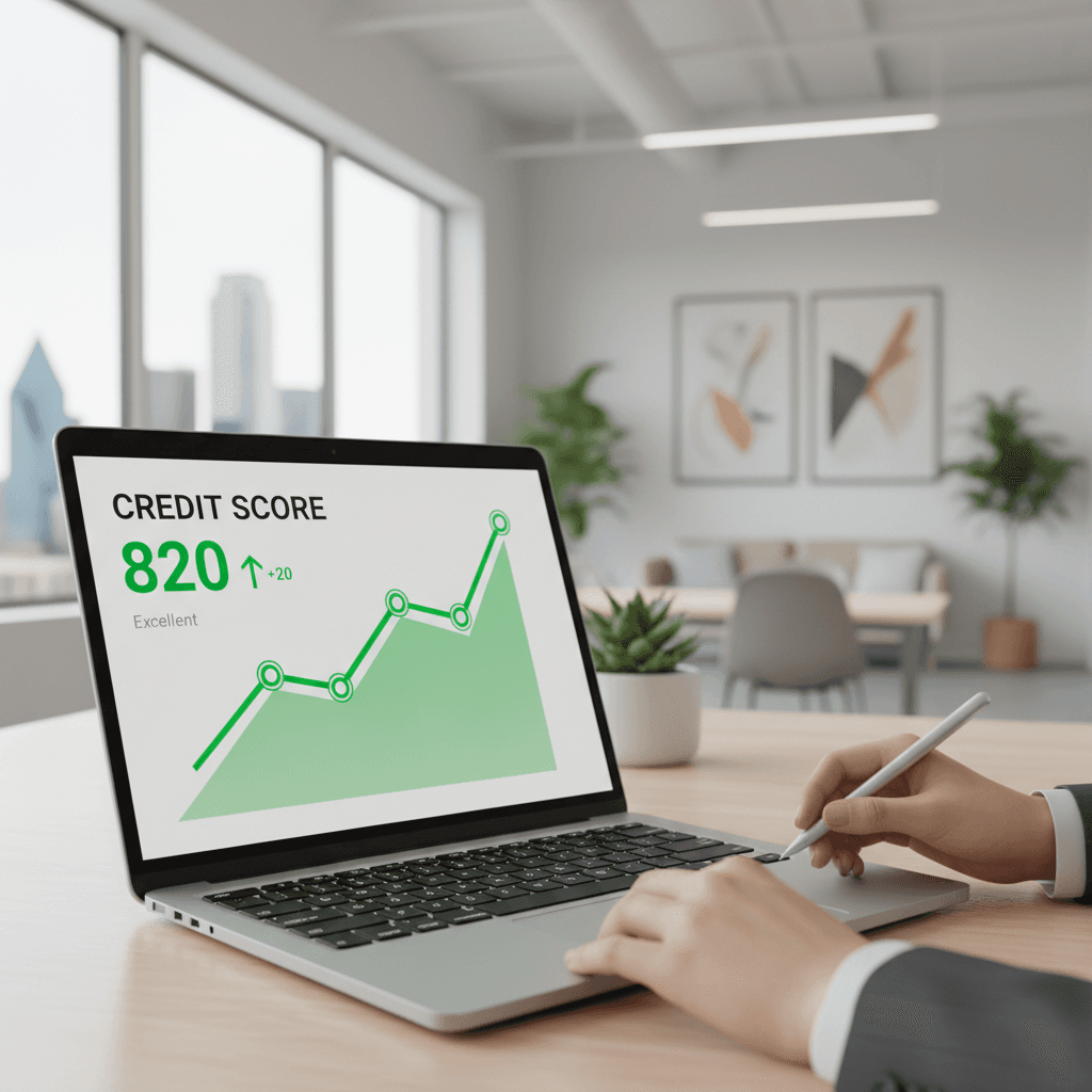 Credit score improvement graph on laptop screen showing upward trend