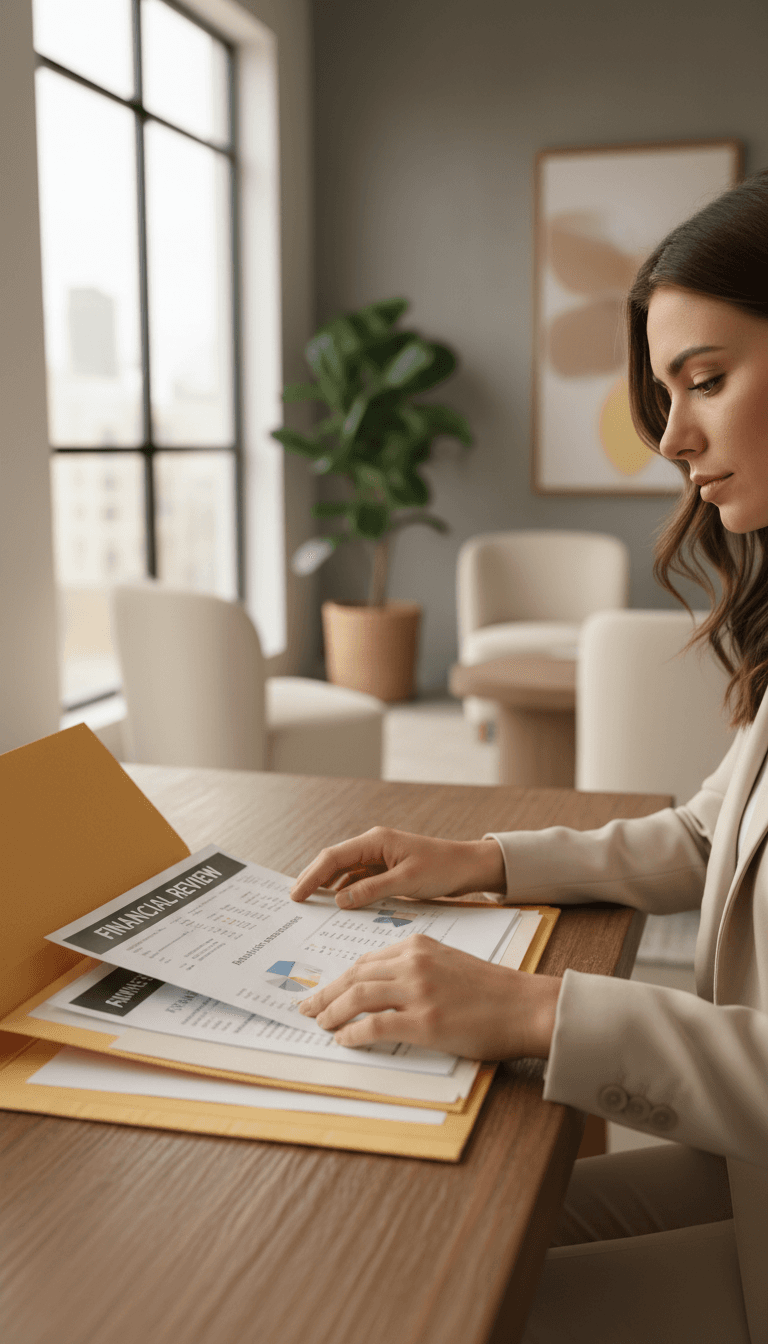 Professional reviewing financial documents at desk