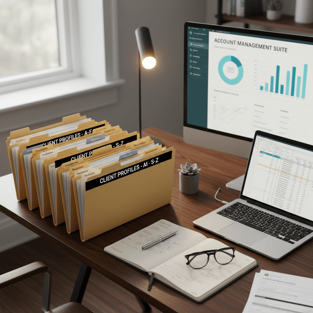 Credit specialist's organized workstation with client tradeline files and account documentation