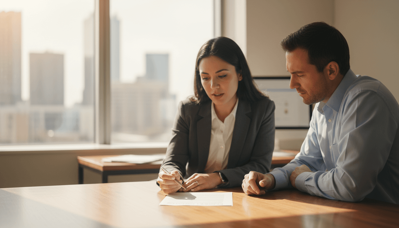 Financial advisor and client reviewing credit report together in Dallas office