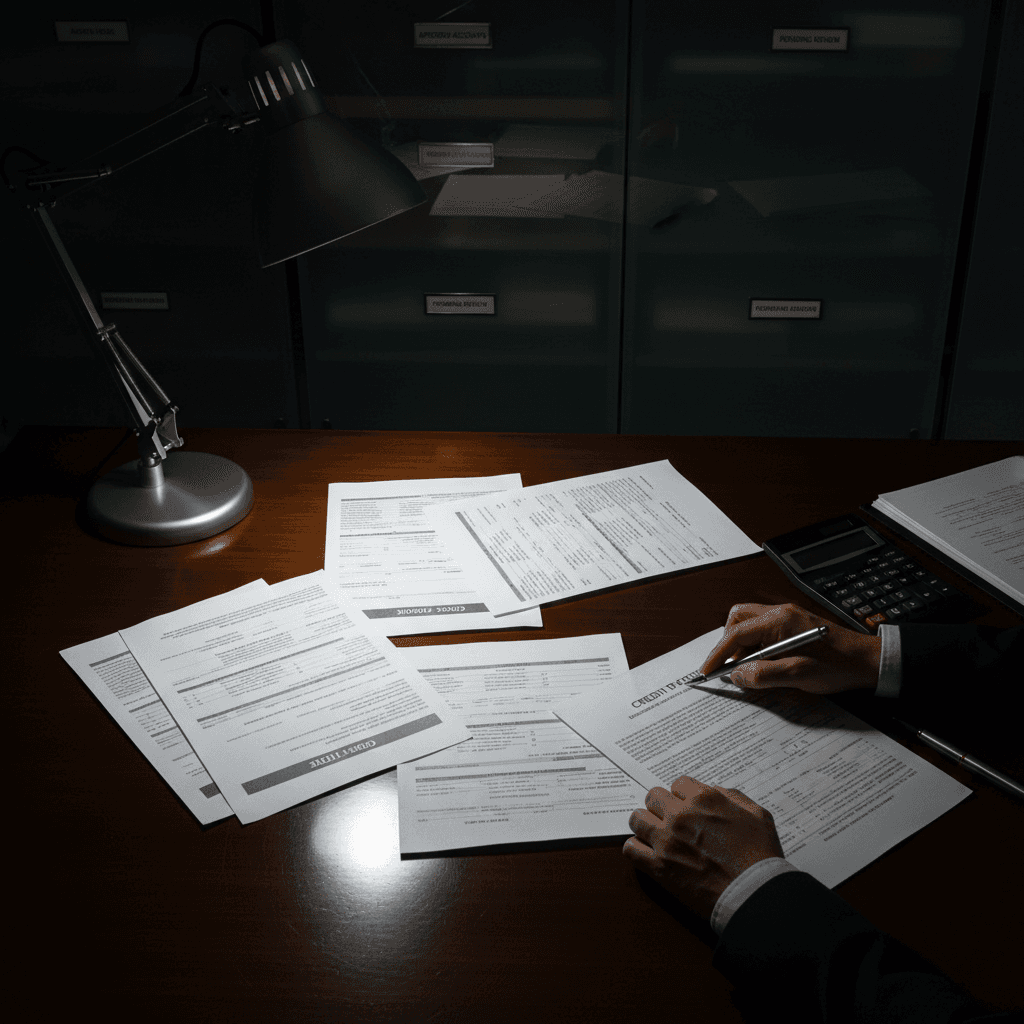 Overhead view of financial professional organizing credit profiles and account documents