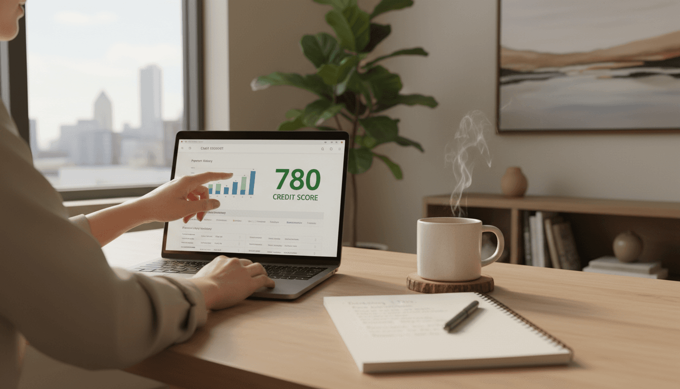 Hands reviewing credit report on a laptop in a bright home office