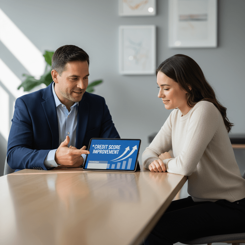 Credit specialist consulting with client about personalized tradeline strategy on tablet