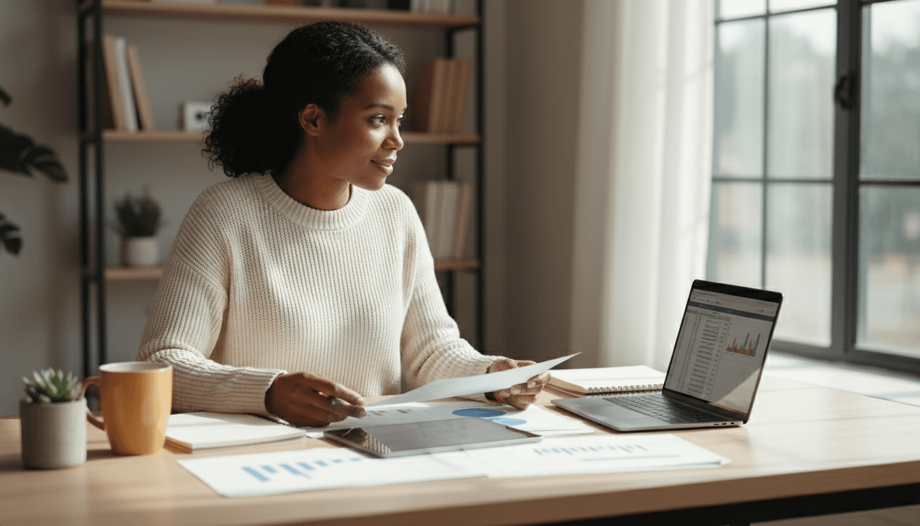 Woman reviewing financial documents at desk