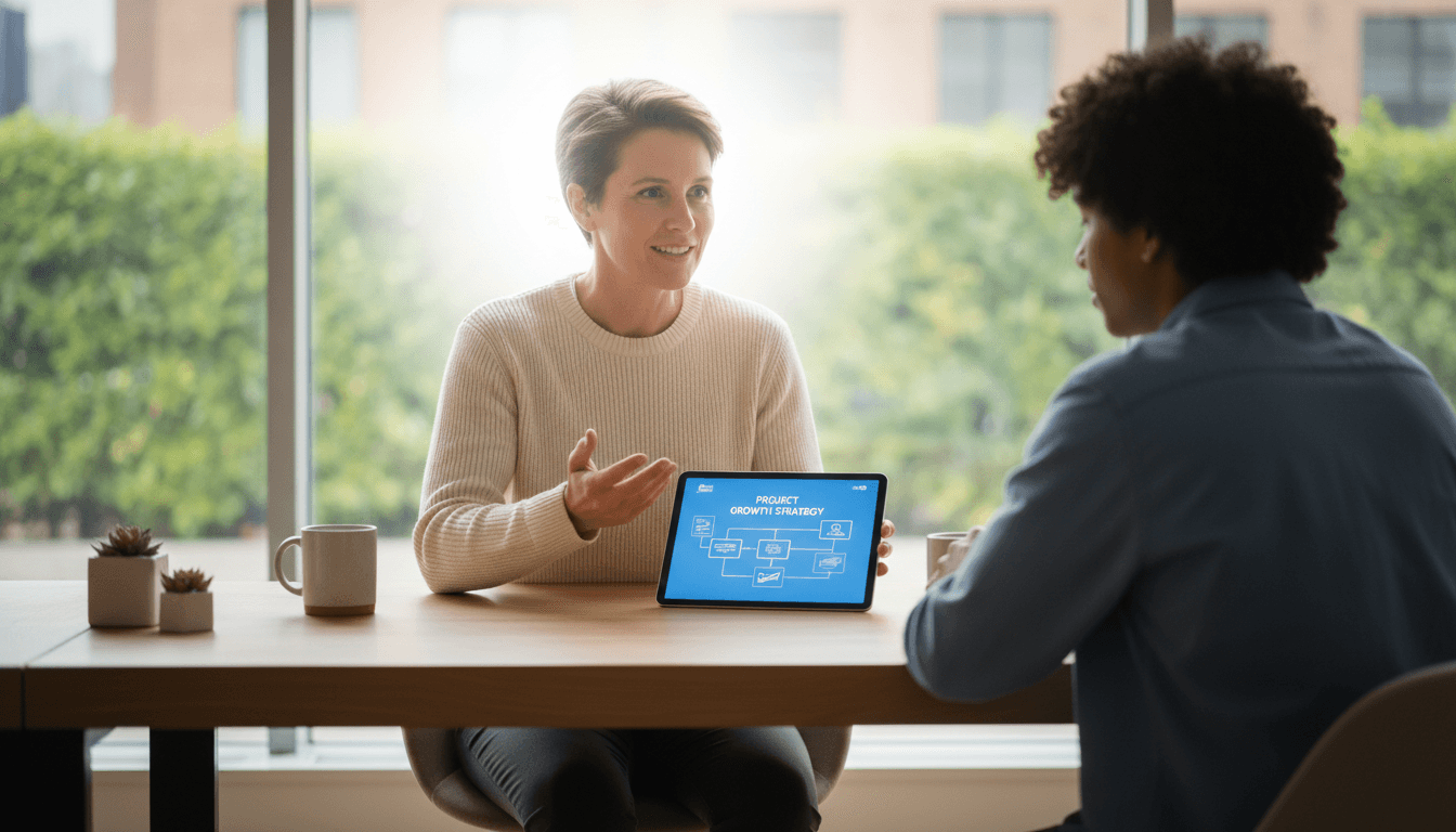 A fresh, approachable aesthetic wide shot of a professional sitting at a clean modern desk, gesturing while explaining something on a tablet held in front of them.