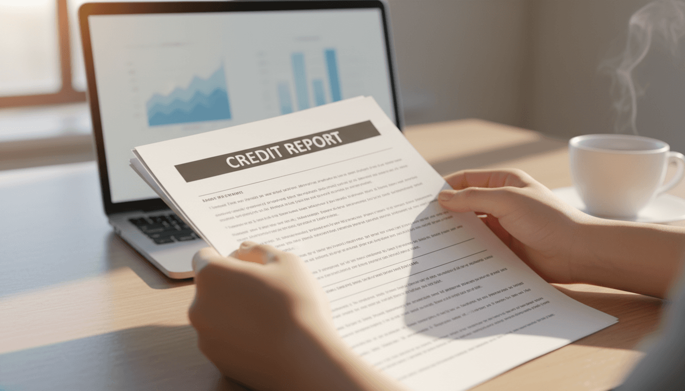 Close-up of hands reviewing a credit report at a desk with warm natural lighting
