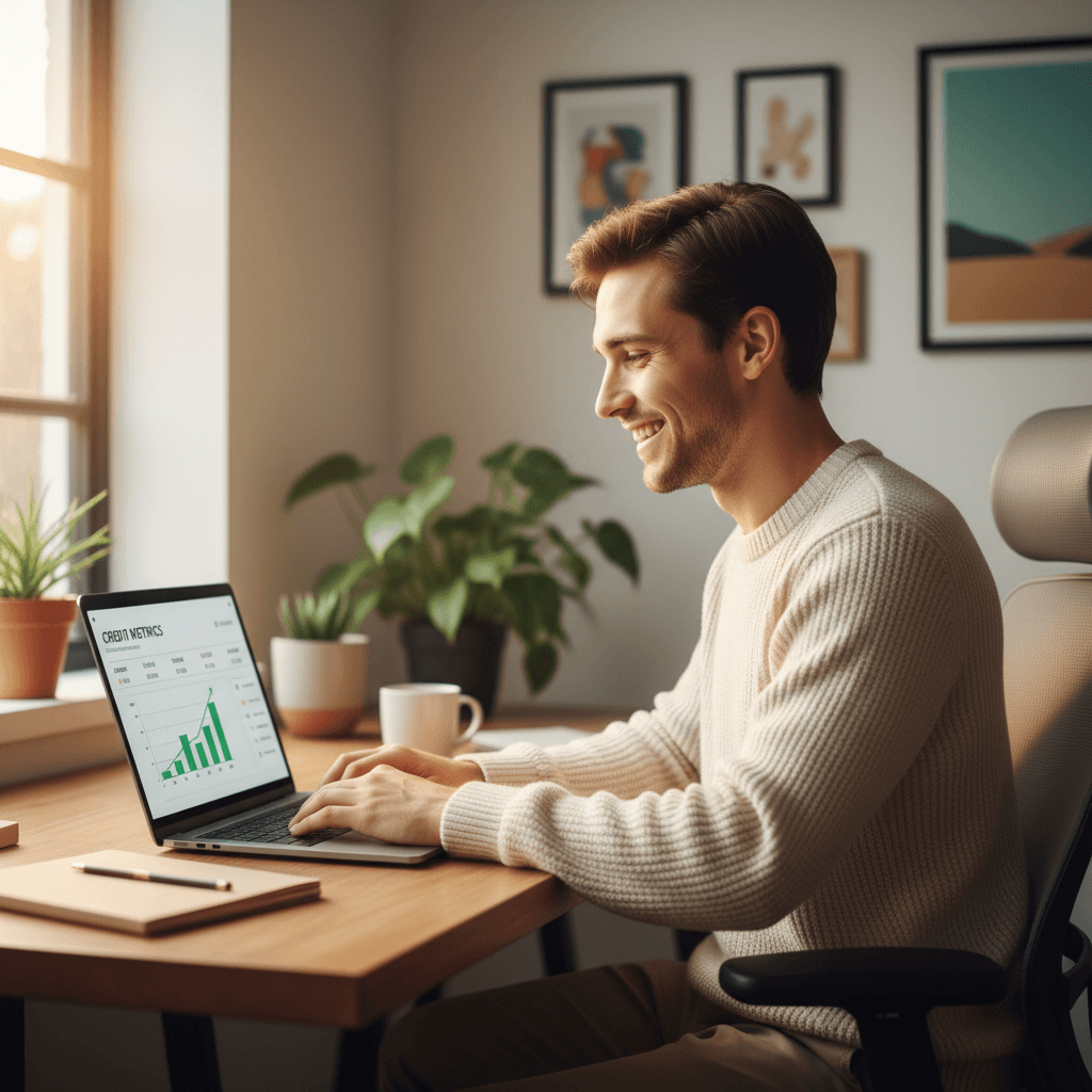 Client viewing improved credit account details on laptop with satisfied expression